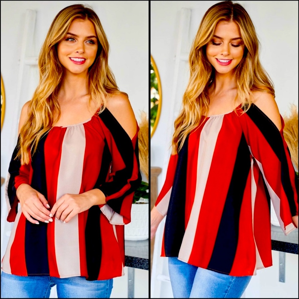 B32❤️🤎Gorgeous vertical striped cold shoulder top in season’s best colors+trend